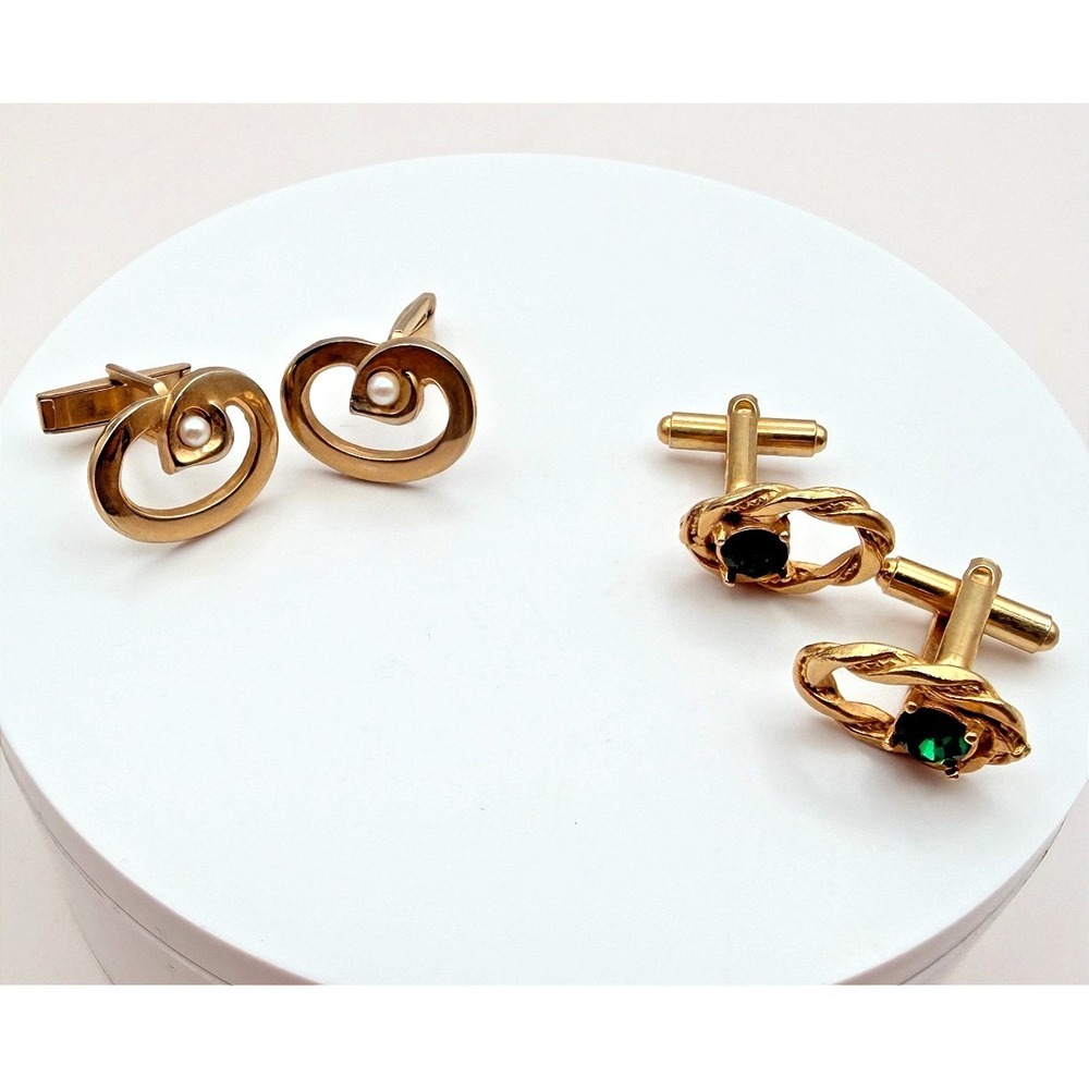 Vintage Y2K‎ Gold Tone Faux Pearl Green Glass Cufflinks Set 2 Pair Jewelry